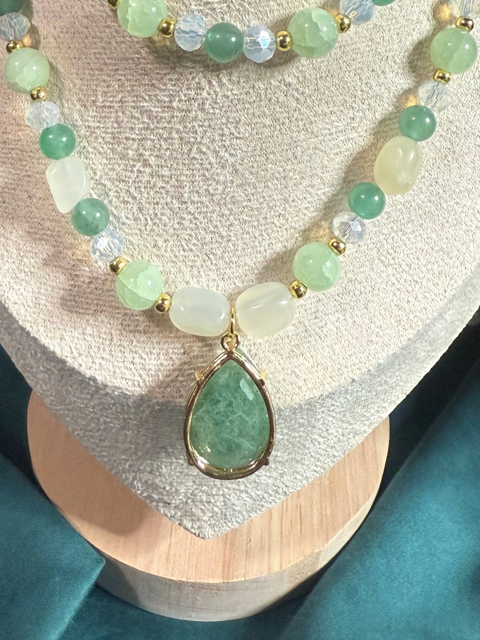 Elegant Light Green Glass Beaded Necklace with Pendant and Matching Bracelet