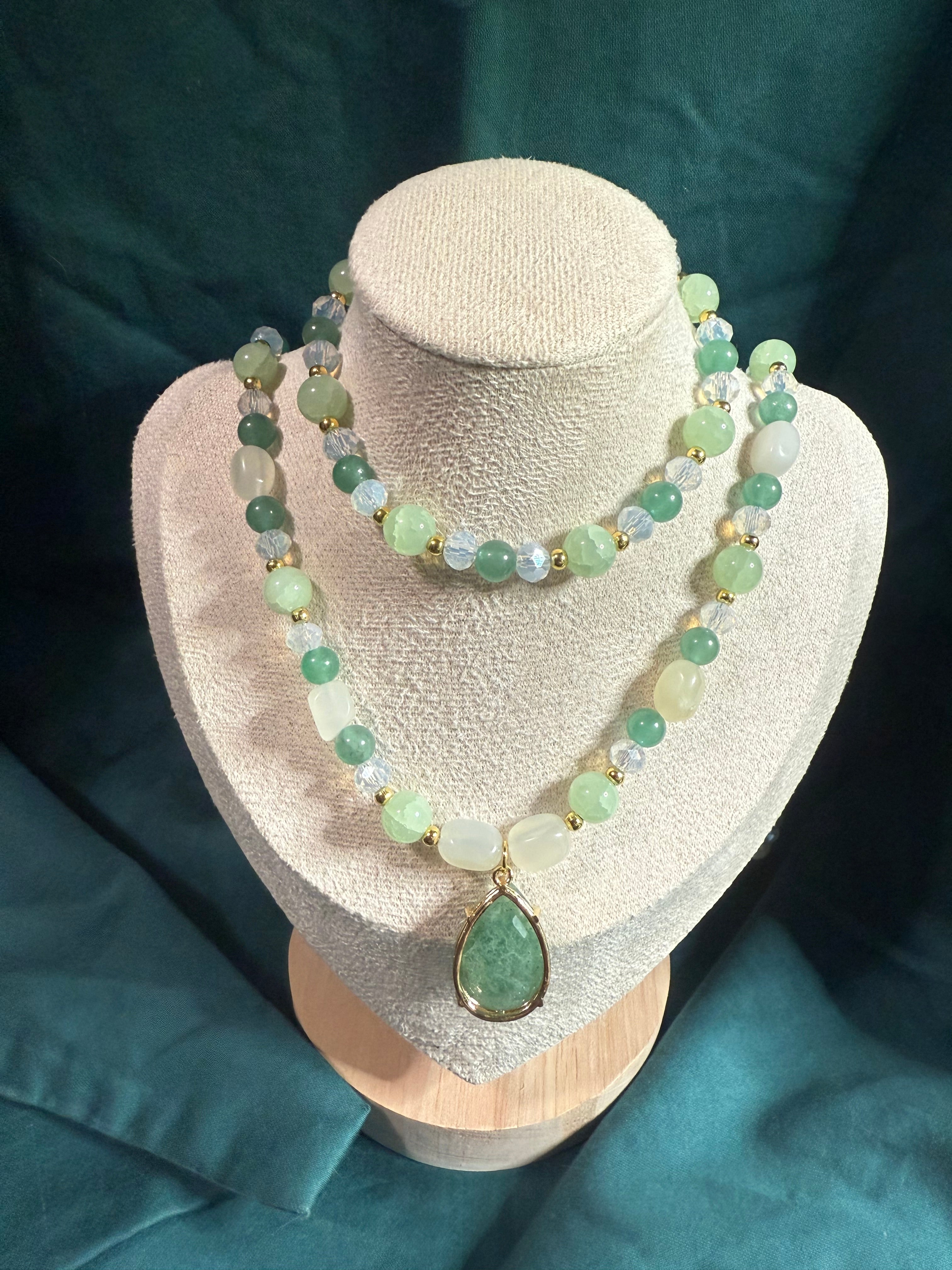 Elegant Light Green Glass Beaded Necklace with Pendant and Matching Bracelet
