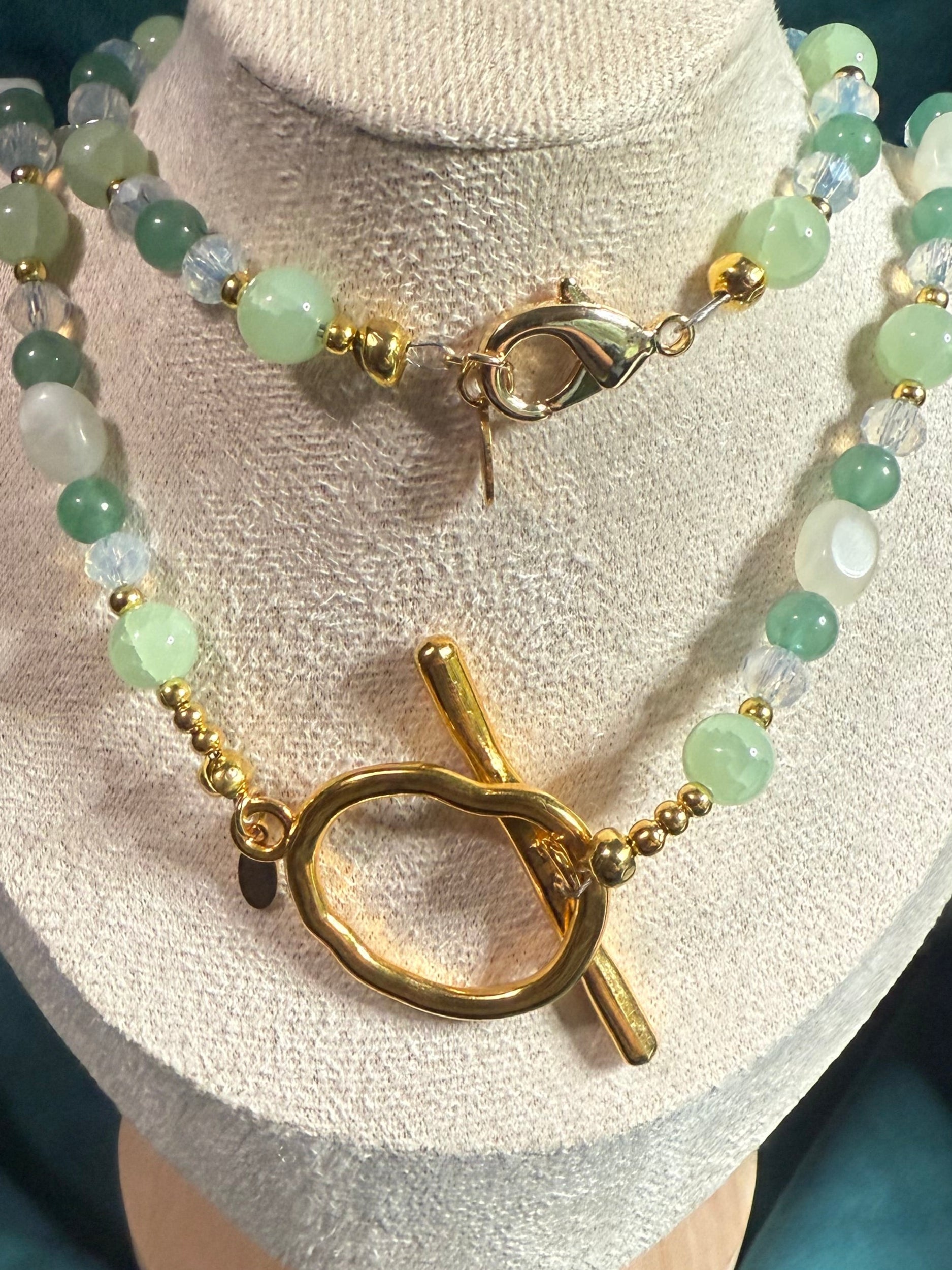 Elegant Light Green Glass Beaded Necklace with Pendant and Matching Bracelet