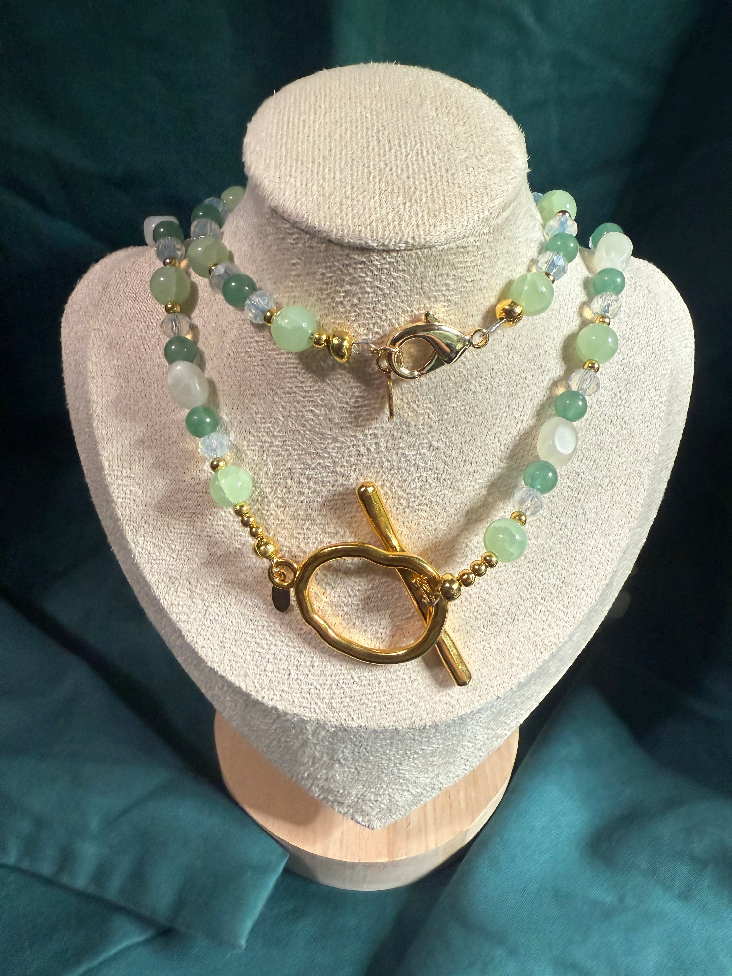 Elegant Light Green Glass Beaded Necklace with Pendant and Matching Bracelet