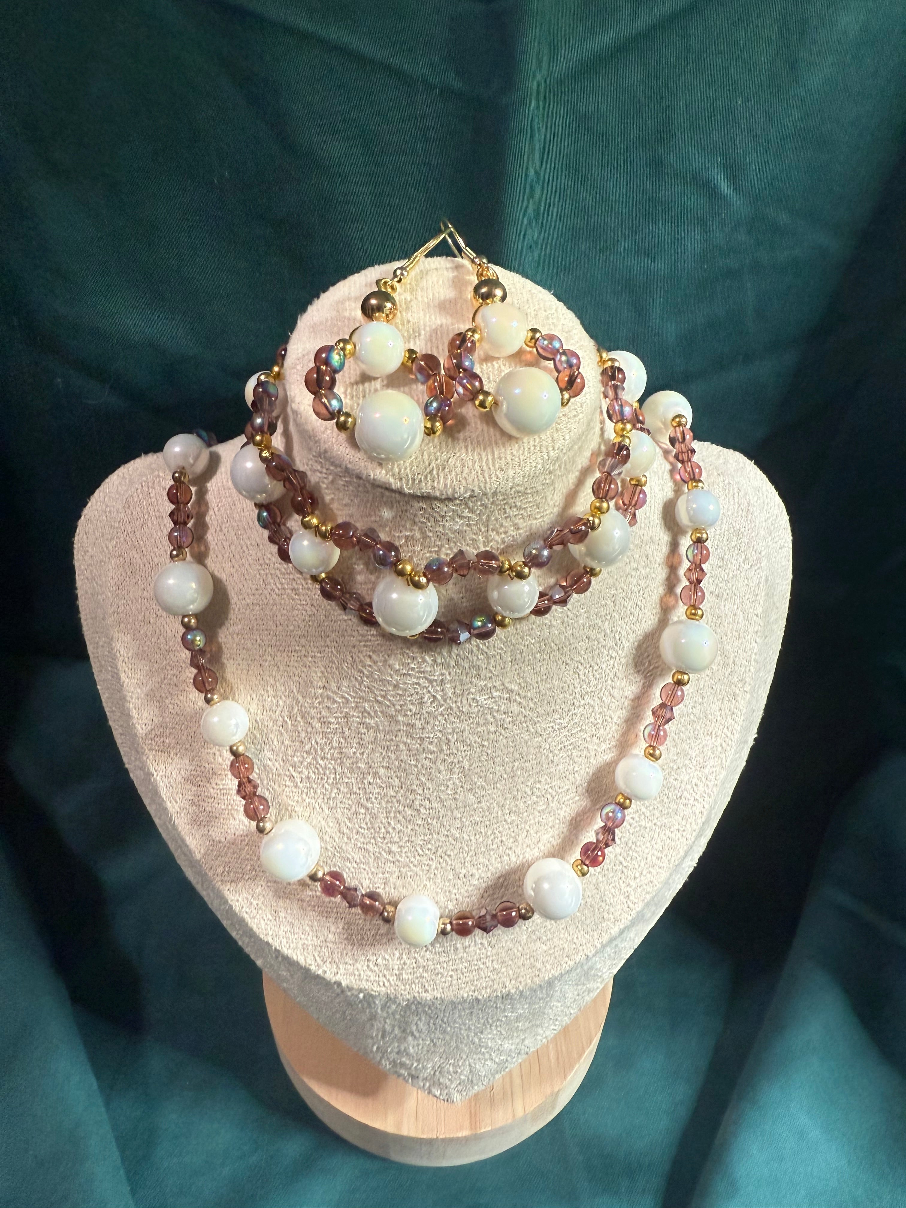 Glass Pearl with Mauve Glass Beads Jewelry Set – Necklace, Bracelet & Earrings