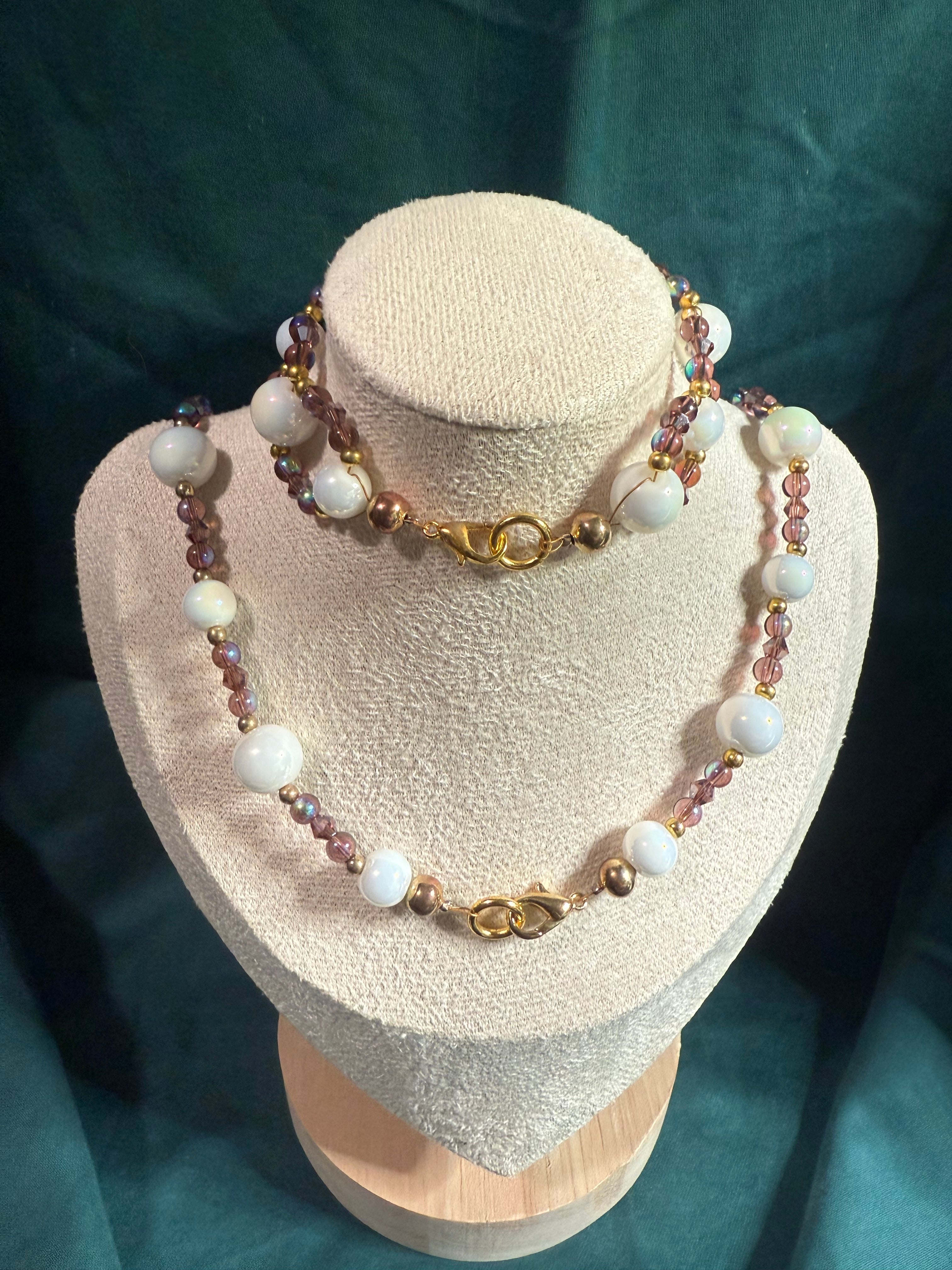 Glass Pearl with Mauve Glass Beads Jewelry Set – Necklace, Bracelet & Earrings
