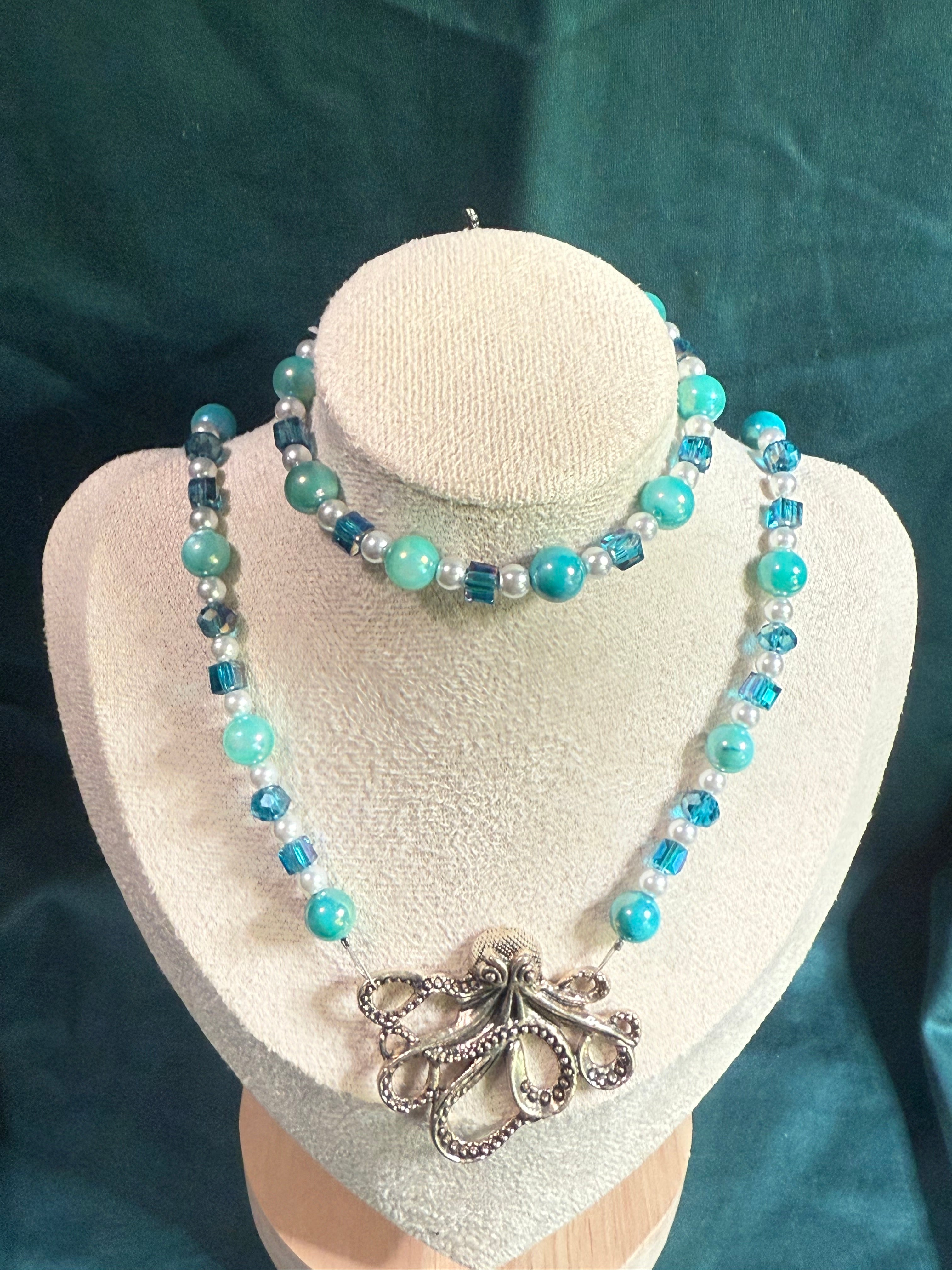Squid Turquoise Blue Glass Beaded Necklace and Matching Bracelet