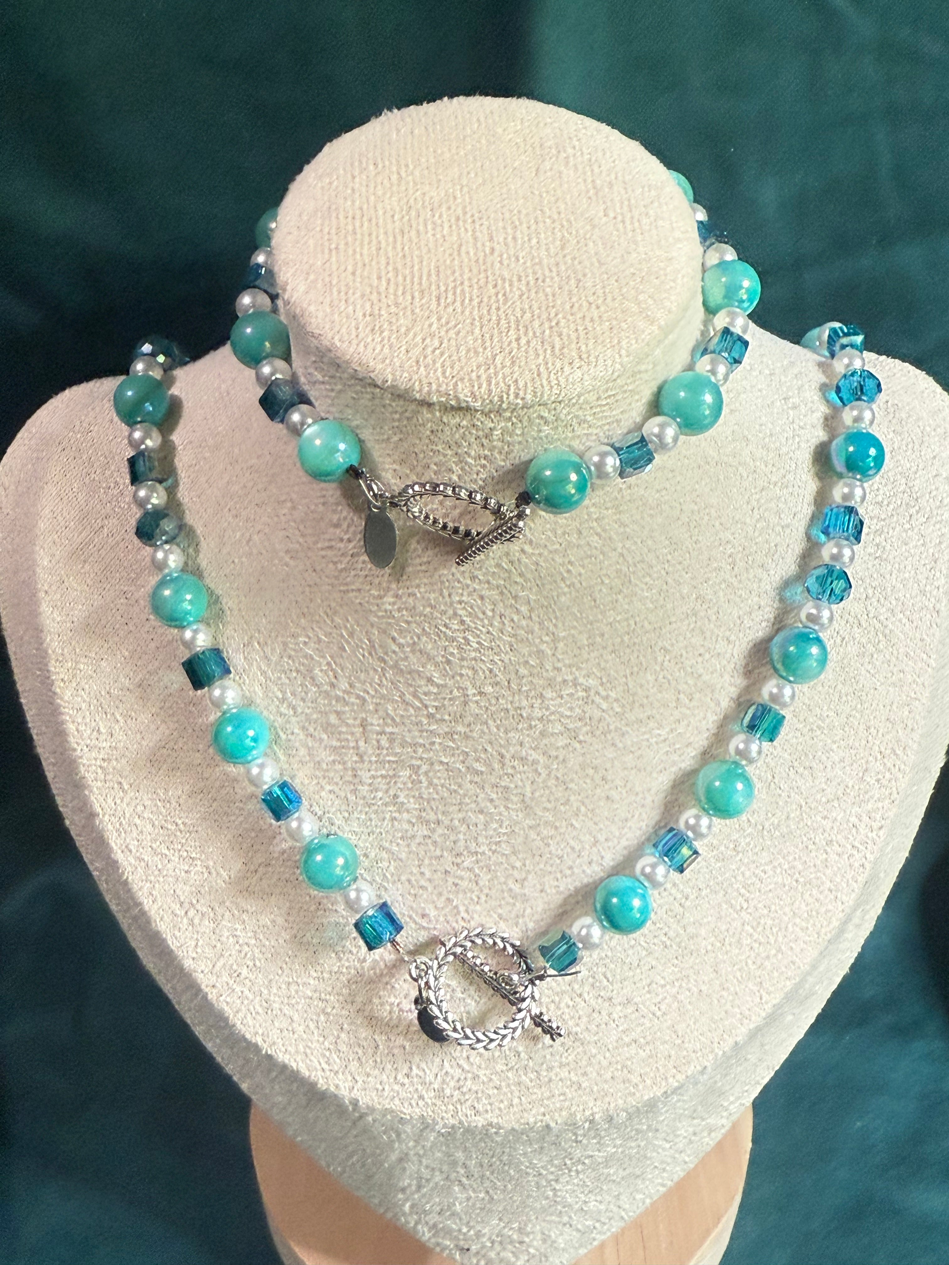 Squid Turquoise Blue Glass Beaded Necklace and Matching Bracelet