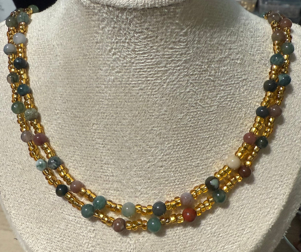 Green Glass and Gold Seed Bead Necklace, Double Strand