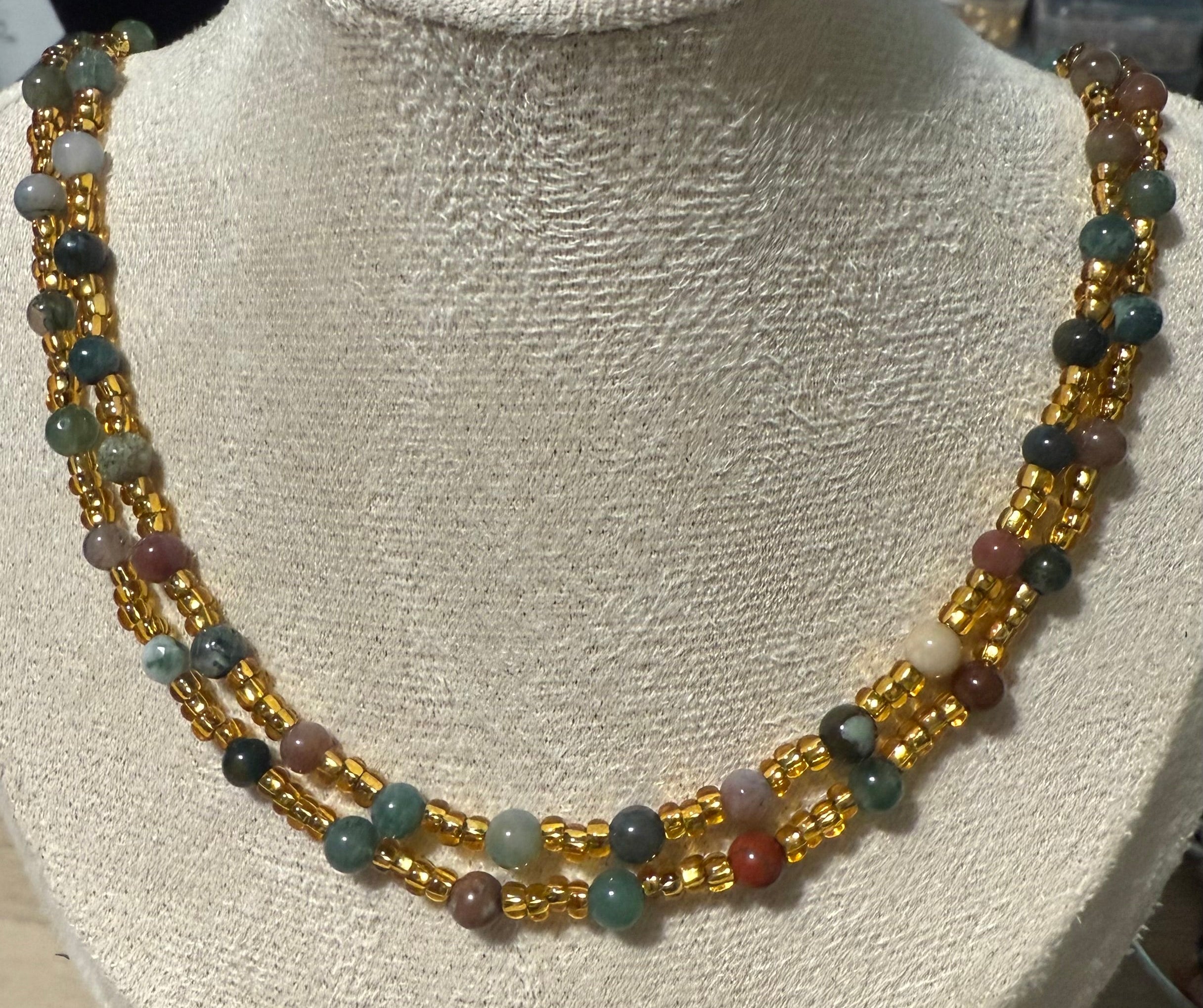 Green Glass and Gold Seed Bead Necklace, Double Strand