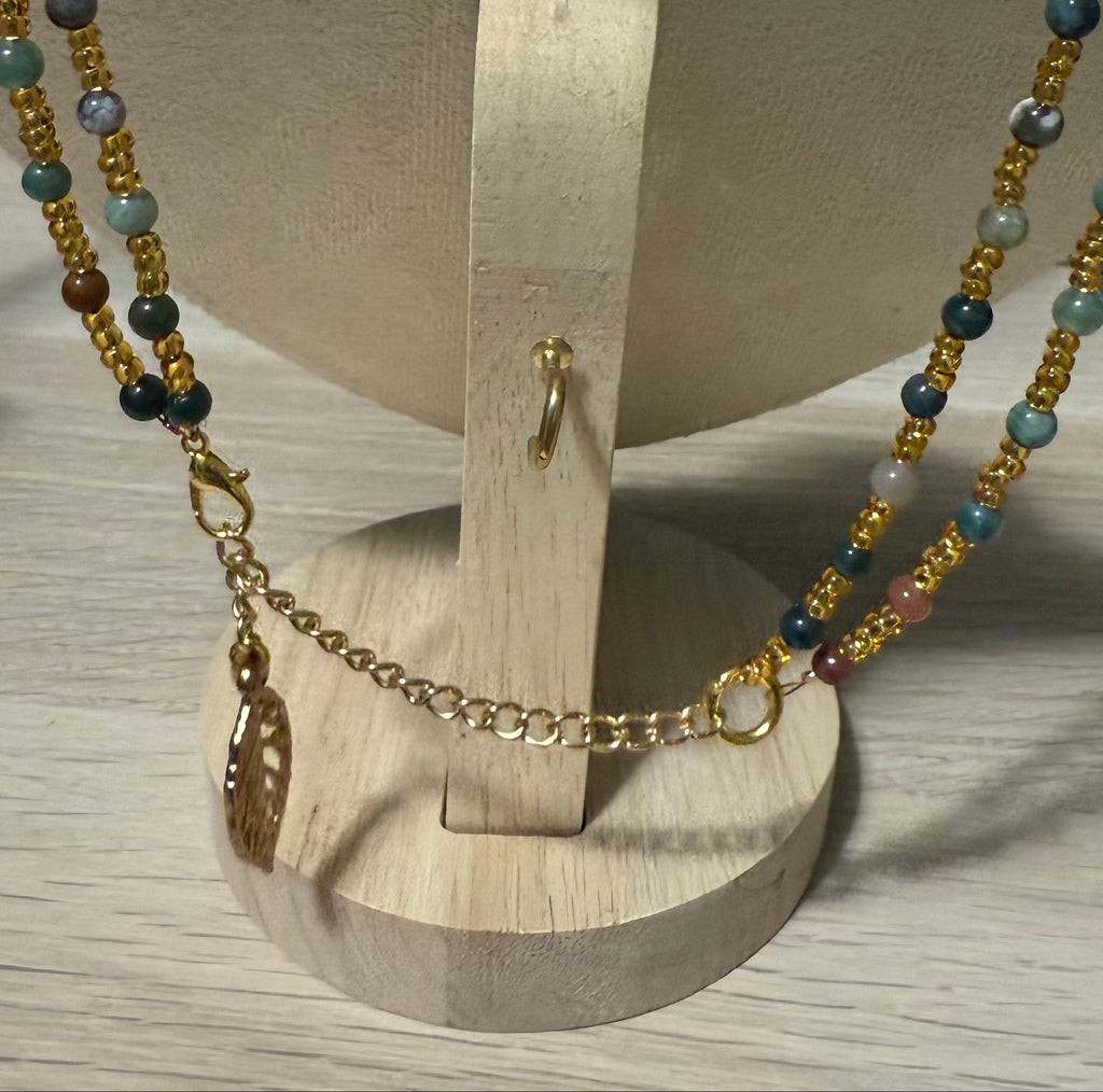 Green Glass and Gold Seed Bead Necklace, Double Strand