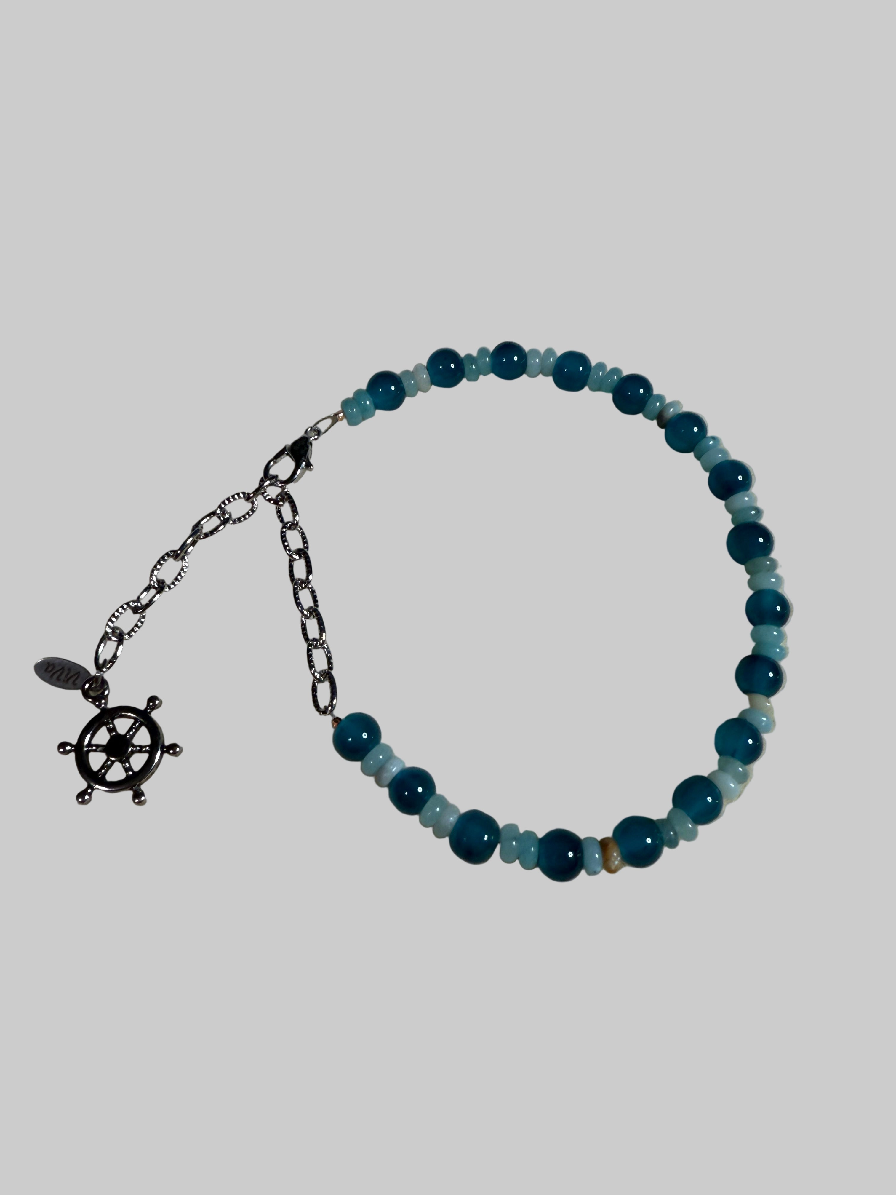 Amazonite and Dark Turquoise Glass Beaded Bracelet, Silver Accents