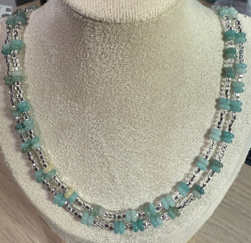 Amazonite and Seed Bead Necklace, Silver Accents, Double Strand