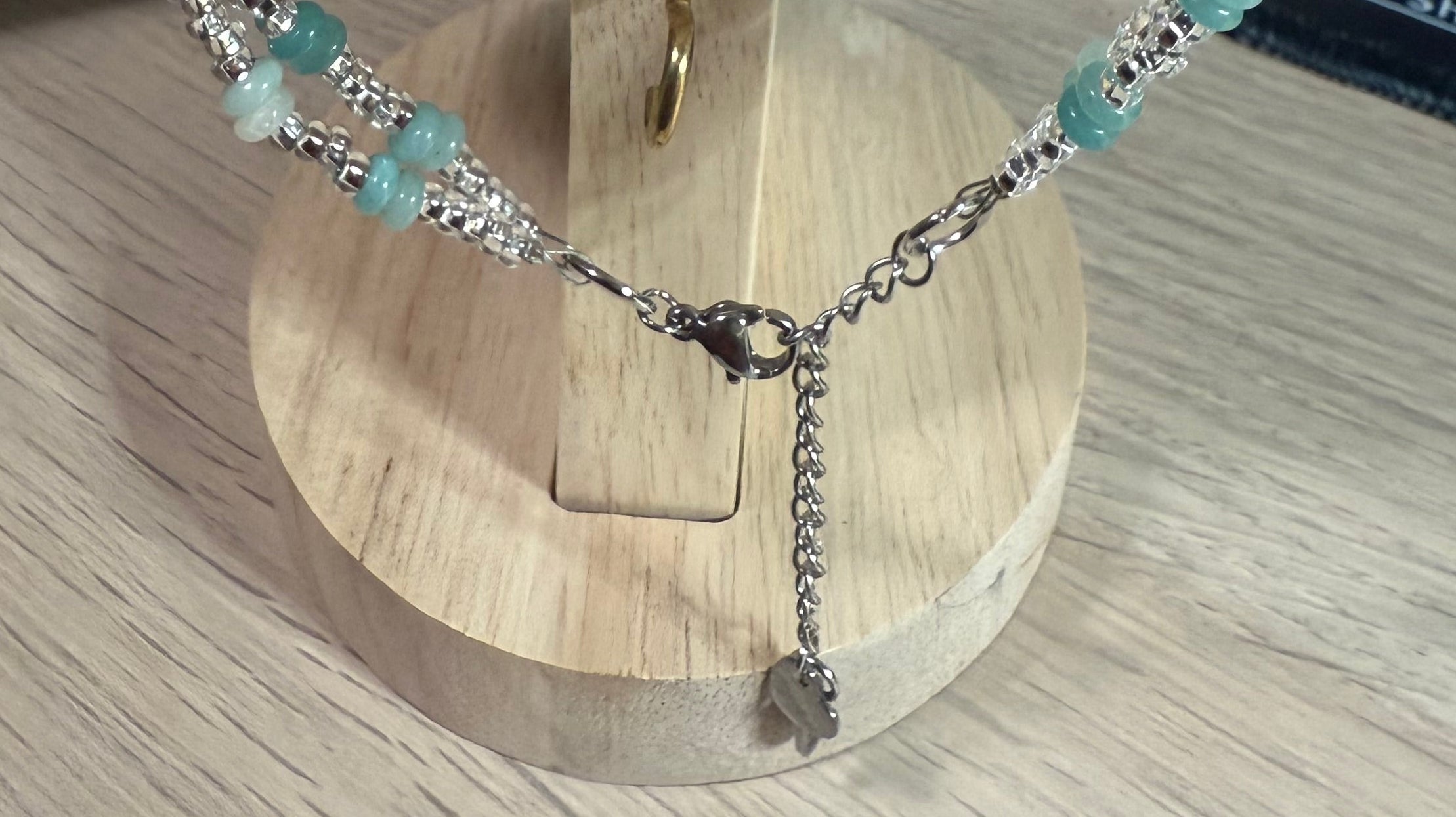 Amazonite and Seed Bead Necklace, Silver Accents, Double Strand