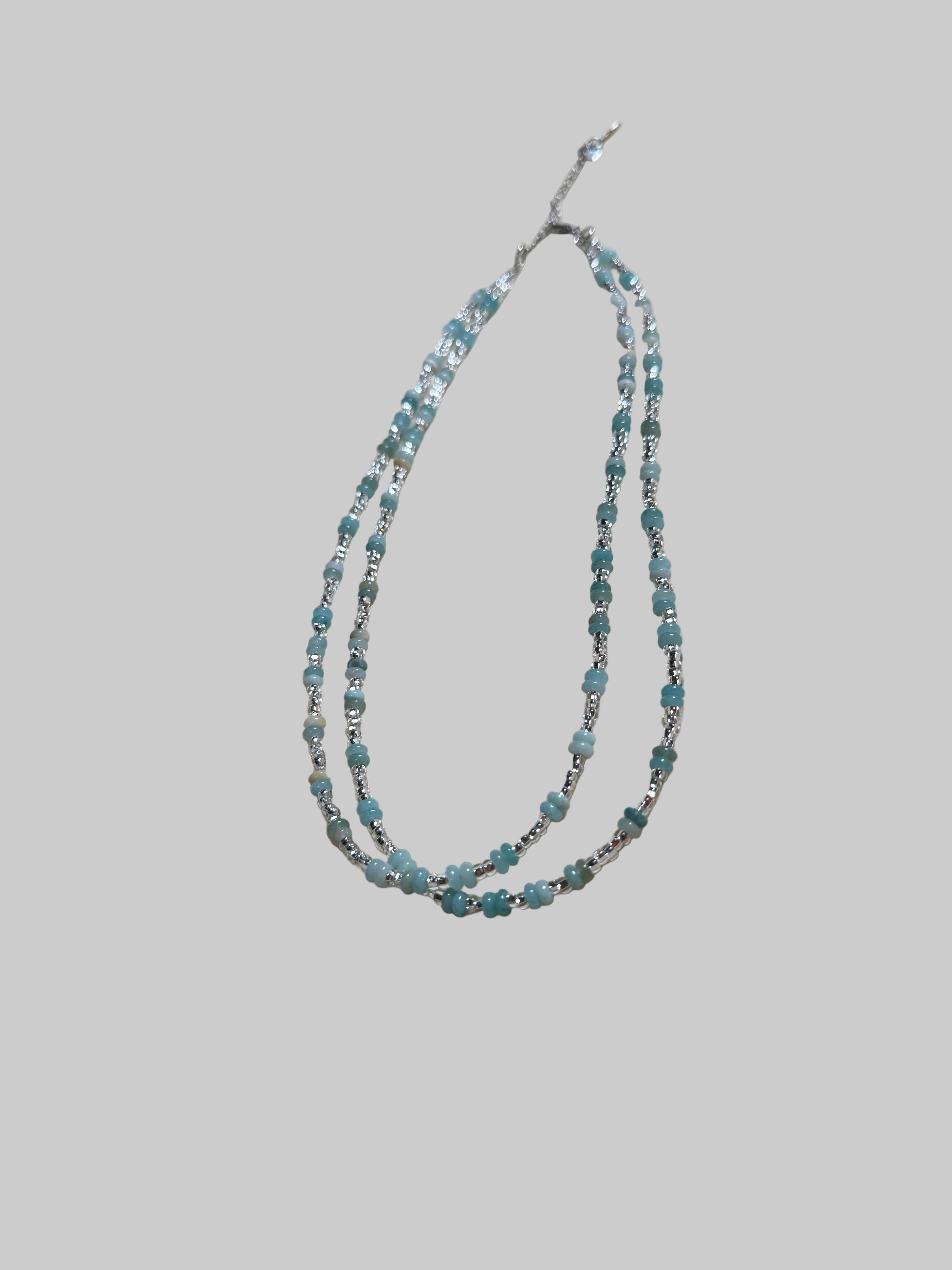 Amazonite and Seed Bead Necklace, Silver Accents, Double Strand