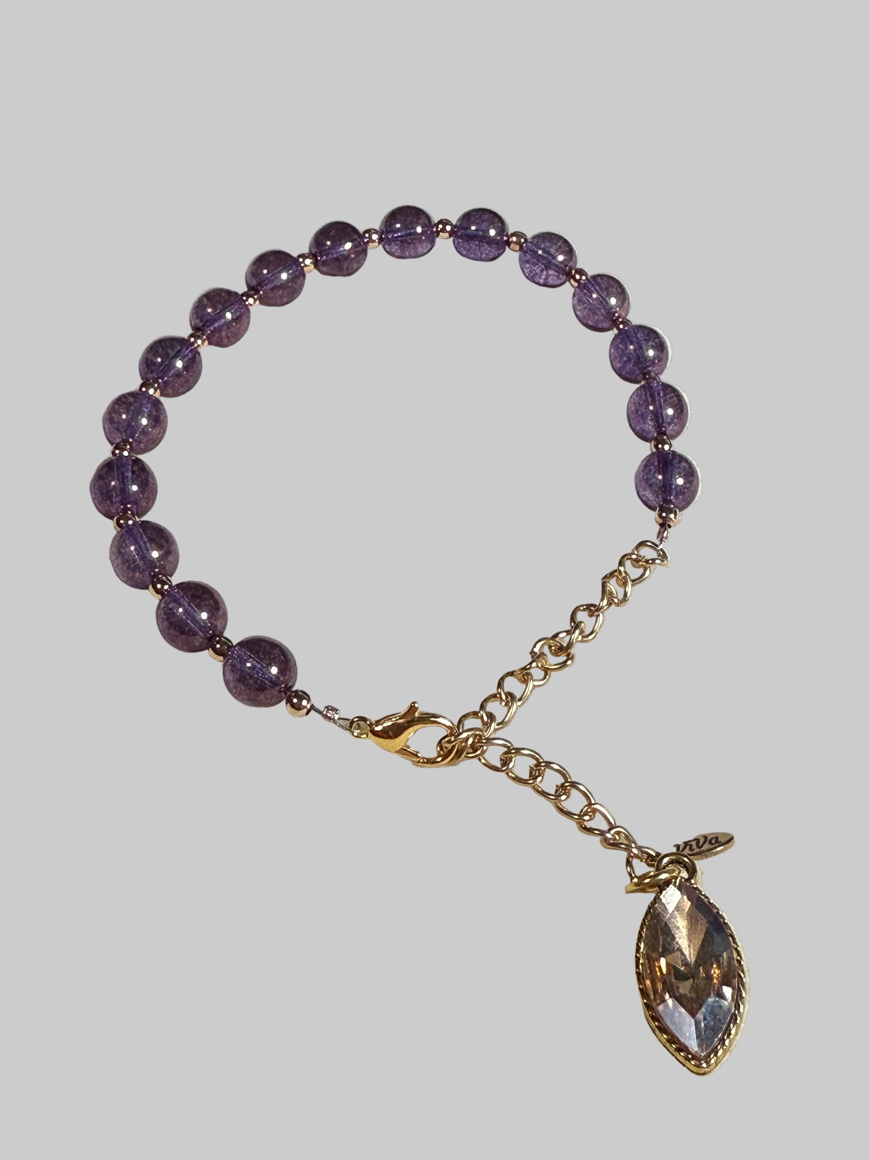 Purple Beaded Glass and Metal Bracelet, Gold Accents