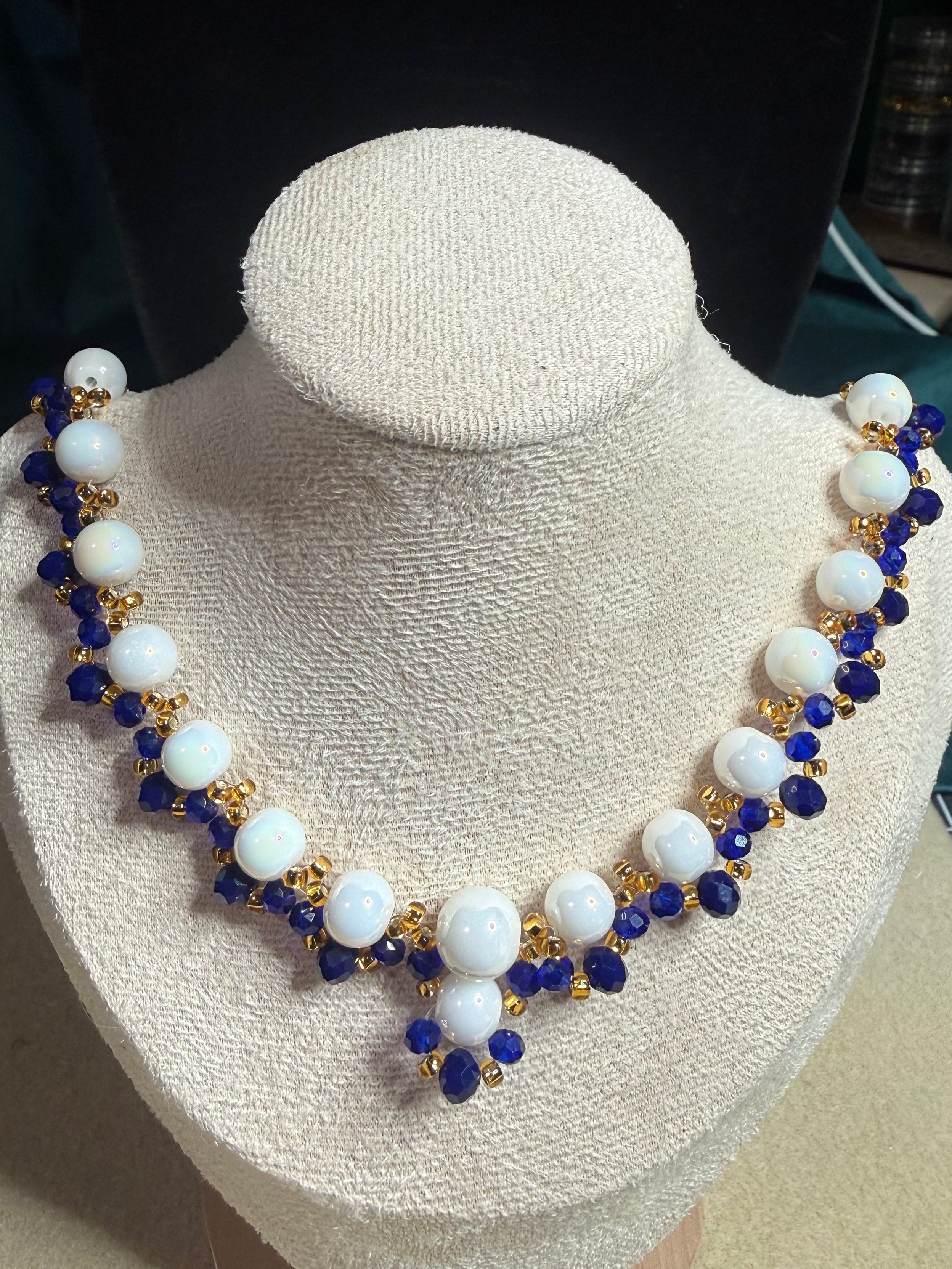 Blue, Pearl, and Gold Accented Beaded Necklace