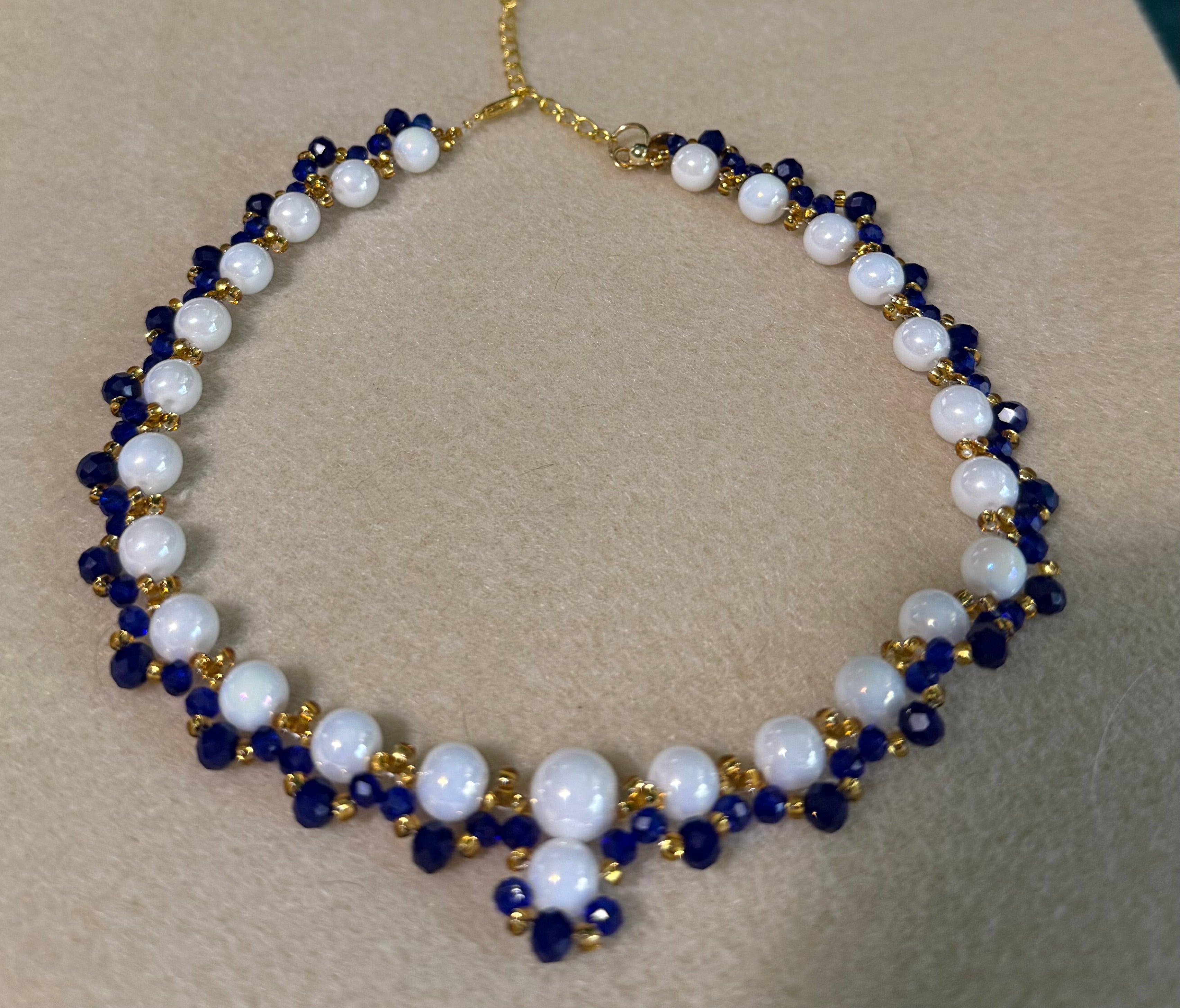 Blue, Pearl, and Gold Accented Beaded Necklace